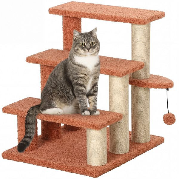 PawHut Kratzbaum, Haustiertreppe, 3 Stufen, Spielball, bis 5 kg, 45x40x48cm, Braun, D06-093V01BN