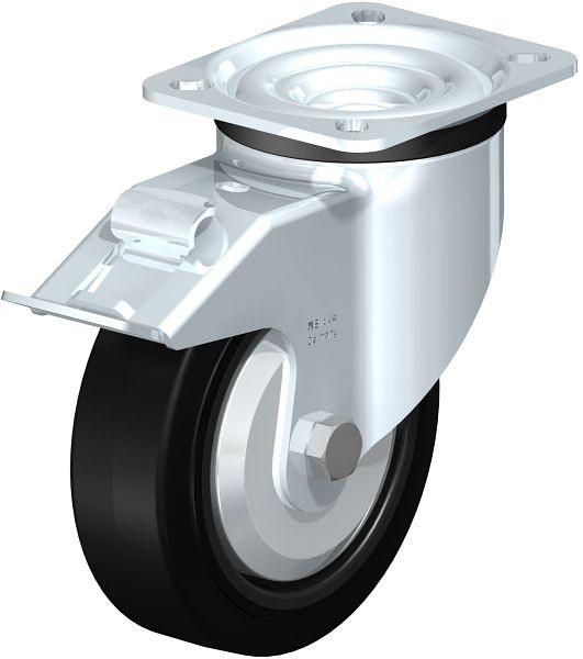 Blickle LK-POEV 125K-1-FI-FA Stahlblech-Lenkrolle, schwere Ausführung, mit Anschraubplatte & Feststeller, Elastik-Vollgummi, Schwarz, 750340