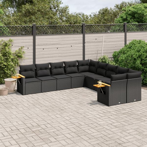 vidaXL 10-tlg. Garten-Sofagarnitur mit Kissen Schwarz Poly Rattan, 3227189