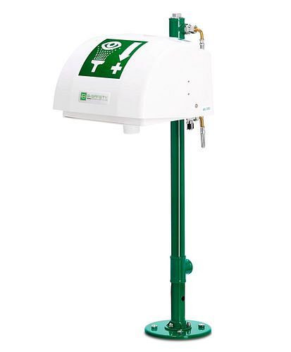 B-SAFETY Augendusche mit Auffangbecken und Abdeckung, Standrohr grün, Bodenmontage, BR 852085, DVGW, 305254