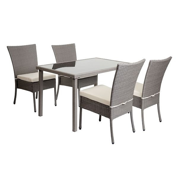 Mendler Poly-Rattan Garnitur HWC-G19, Sitzgruppe Balkon-/Lounge-Set, 4xStuhl+Tisch, 120x75cm, grau, Kissen creme, 2x97139+97137