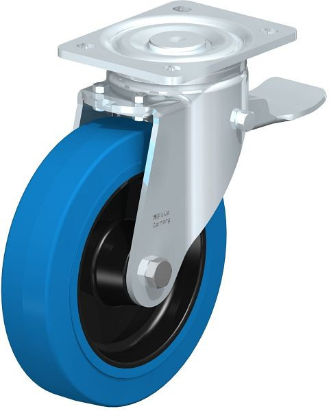 Blickle LH-POEV 200XR-ST-SB Stahlblech-Lenkrolle, Schwerlast-Ausführung, mit Anschraubplatte & Feststeller, Elastik-Vollgummi, Blau, 851868
