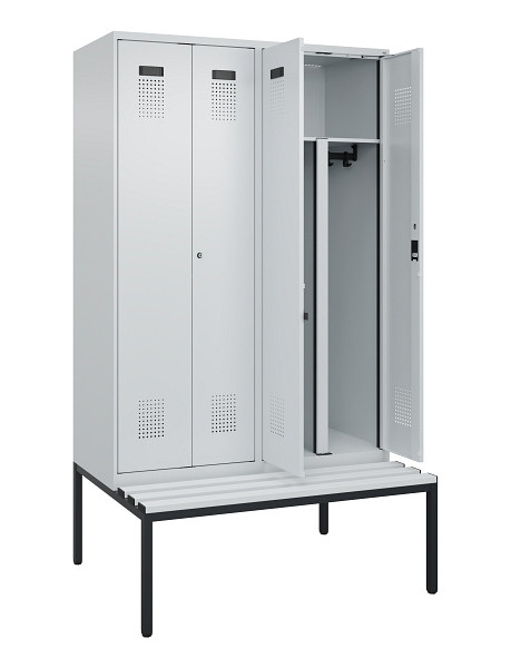C+P PSA Doppel-Spind Evolo PLUS, Bank, 4 Abteile, 2120x1200x815mm, 7035/7035, Zylinderschloss, Sitzfläche Kunststoff, Sitzbank, 0490527-40P S10094