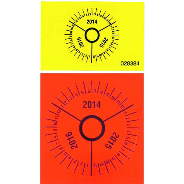 ZARGES Prüfplakette Gelb, VE: 30 Stück, Durchmesser: 25 mm, 828384