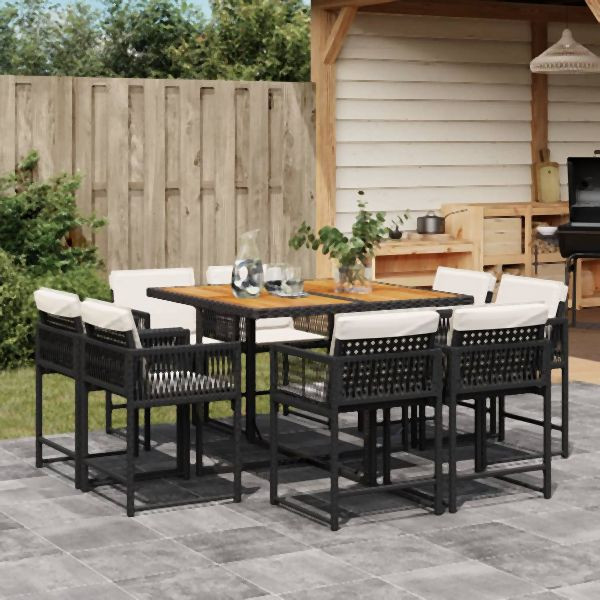 vidaXL 9-tlg. Garten-Essgruppe mit Kissen Schwarz Poly Rattan, 3211563