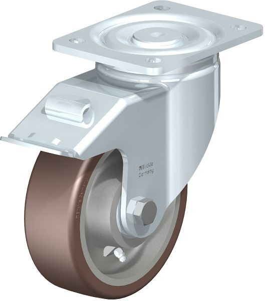 Blickle LH-GB 150K-FI Stahlblech-Lenkrolle, Schwerlast-Ausführung, mit Anschraubplatte & Feststeller, Blickle Besthane®, Braun, 742235