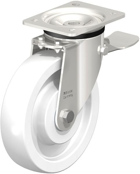 Blickle LKX-SPO 200XK-ST Edelstahl-Schwerlast-Lenkrolle mit Anschraubplatte & Feststeller, Polyamid, Weiß, 571554
