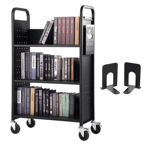 VEVOR Bibliothekswagen 790 x 385 x 1250 mm 3 Regale 150 kg Gewichtskapazität (50 kg pro Regal) inkl. 2 Buchstützen, LXTSGTCHS330Y7BMJV0