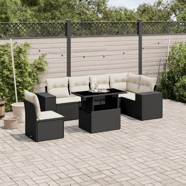 vidaXL 7-teilig Garten-Sofagarnitur mit Kissen Schwarz Poly Rattan, 3269196