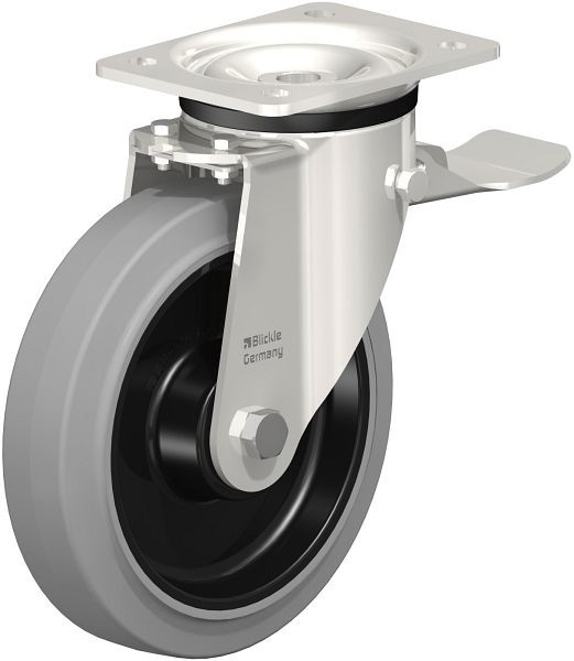 Blickle LKX-POEV 200KD-ST-SG Edelstahl-Schwerlast-Lenkrolle mit Anschraubplatte & Feststeller, Elastik-Vollgummi, Grau, 237685