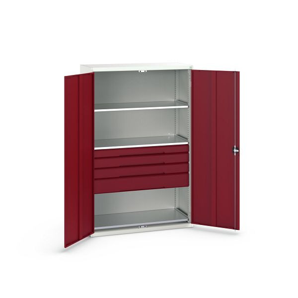 bott verso Flügeltürschrank mit Schubladen, mit 3 Fachböden und 4 Schubladen, BxTxH: 1300 x 550 x 2000 mm, Lichtgrau / Purpurrot, 16926656.24