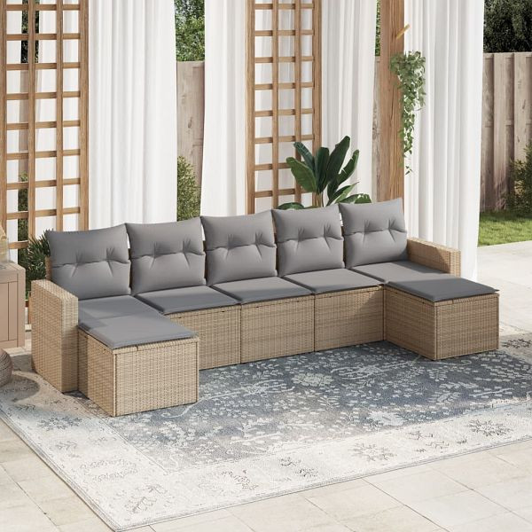 vidaXL 7-teilig Garten-Sofagarnitur mit Kissen Beige Poly Rattan, 3219329