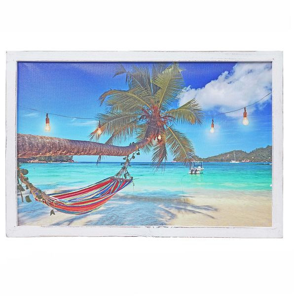 Mendler LED-Bild HWC-D37, Leinwandbild Leuchtbild Wandbild, Meer mit Rahmen Shabby-Look 40x60cm, 62822
