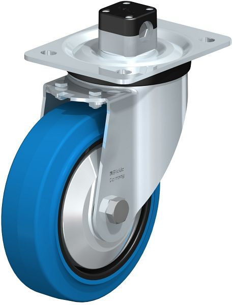 Blickle L-POEV 160KD-CS11-SB-FA Stahlblech-Lenkrolle, mittelschwere Ausführung, mit Anschraubplatte & Zentralfeststeller, Elastik-Vollgummi, Blau, 850637