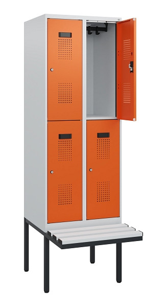 C+P Doppelstock-Spind Evolo PLUS, Bank, 4 Fächer, 1950x600x815mm, 7035/2004, Zylinderschloss, Sitzfläche Kunststoff, 0493405-20 S10137