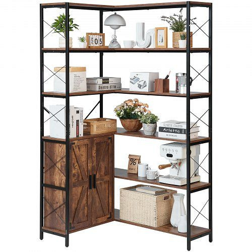 VEVOR Eckregal mit 6 Ebenen, L-förmig, Metallrahmen & Holz, mit Türen, für Schlafzimmer Wohnzimmer Büro, Braun, ZLSZJSNJTMK7N90ZV001V0