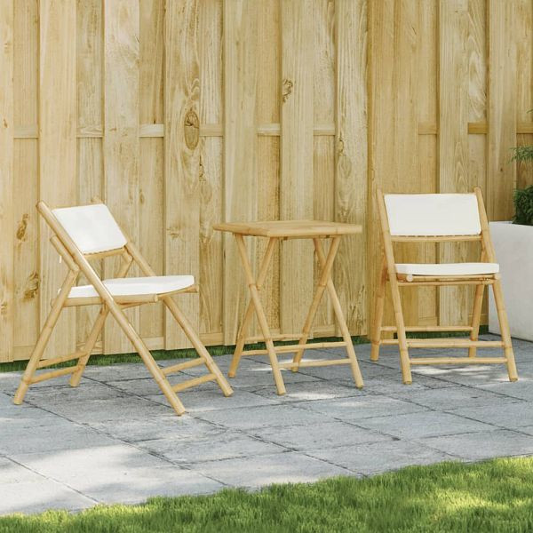 vidaXL 3-teilig Bistro-Set Klappbar mit Cremeweißen Kissen Bambus, 3208933