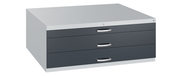 C+P Flachablageschrank Serie 7100_7200, H420xB1100xT765mm, 7035/7016, 2 Schubladenblenden doppelwandig, 7100-100 S10237