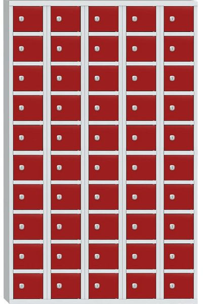 Deskin Wertfachschrank mit 50 Fächern, Korpus Lichtgrau RAL 7035, Türen Feuerrot RAL 3000, H 1530 x B 975 x T 200 mm, Zylinderschloss, 358076