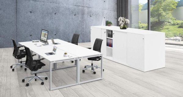 Deskin Tisch CELSUS, Platte Holzdekor Weiß, Gestell Alusilber, B 1400 x T 700 x H 700 mm, 349050