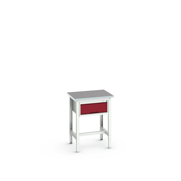 bott verso Werkbank (Linoleum-Platte) mit Querstrebenset und 1 Schublade, BxTxH: 700 x 600 x 780 - 930 mm, Lichtgrau / Purpurrot, 16921601.24
