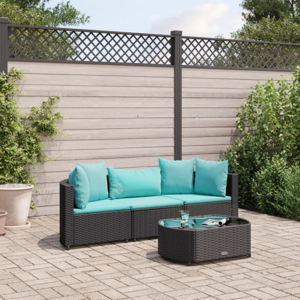 vidaXL 4-tlg. Garten-Sofagarnitur mit Kissen Schwarz Poly Rattan, UV-beständig, 3308364