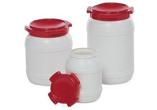 DENIOS Weithalsfass WH 68 aus Polyethylen (PE), 68 Liter Volumen, weiß-rot, 129128