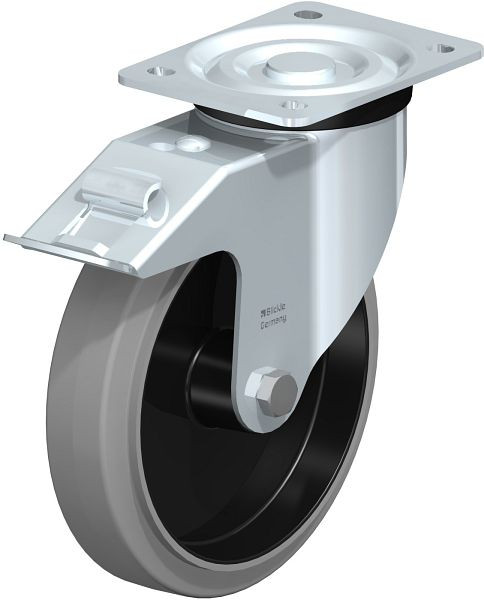 Blickle L-POEV 201R-FI-SG Stahlblech-Lenkrolle, mittelschwere Ausführung, mit Anschraubplatte & Feststeller, Elastik-Vollgummi, Grau, 850701