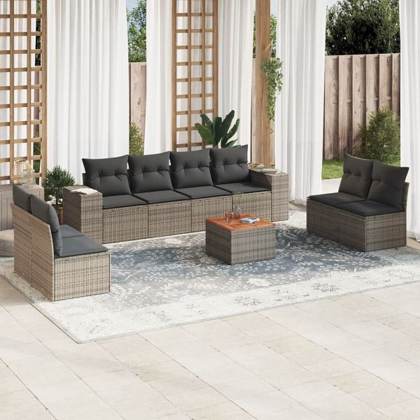 vidaXL 9-tlg. Garten-Sofagarnitur mit Kissen Grau Poly Rattan, 3225409