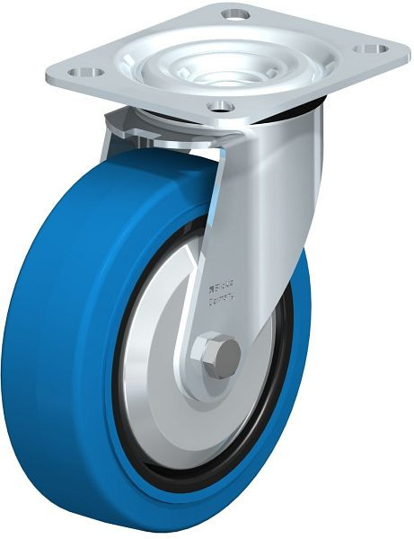 Blickle L-POEV 125XR-SB-FA Stahlblech-Lenkrolle, mittelschwere Ausführung, mit Anschraubplatte, Elastik-Vollgummi, Blau, 850562