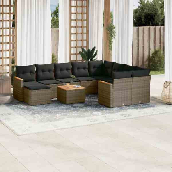 vidaXL 11-tlg. Garten-Sofagarnitur mit Kissen Grau Poly Rattan, UV-beständig, 3258966