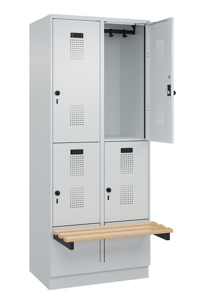 C+P Doppelstock-Spind Evolo PLUS, Bank, 4 Fächer, 1950x800x815mm, 7035/7035, Drehriegel, Sitzfläche Buche-Hartholz, mit Sockel, 049340-22 S10013