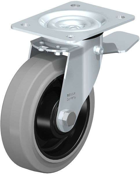 Blickle LE-POEV 160XKA-ST-SG Stahlblech-Lenkrolle mit Anschraubplatte & Feststeller, Elastik-Vollgummi, Grau, 850220