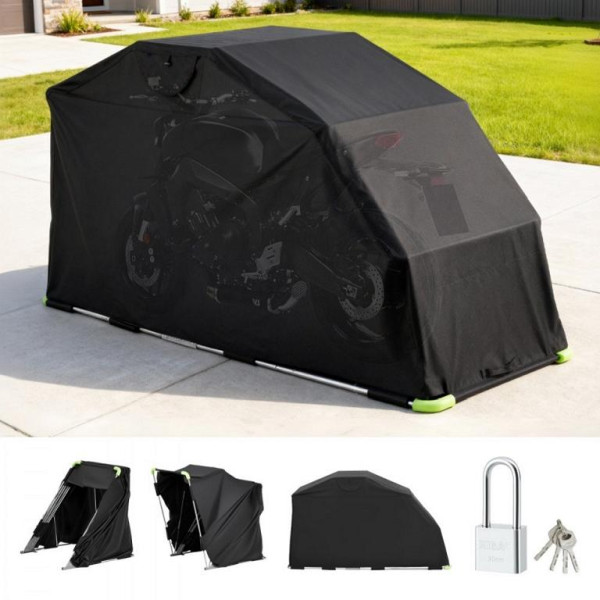 VEVOR Motorrad Zeltgarage 279x109.5x160 cm, Abdeckplane mit Sicherheitsschloss, 600D Oxford, Belüftung, Schwarz, FZSMTCPDH000RAVKR001V0