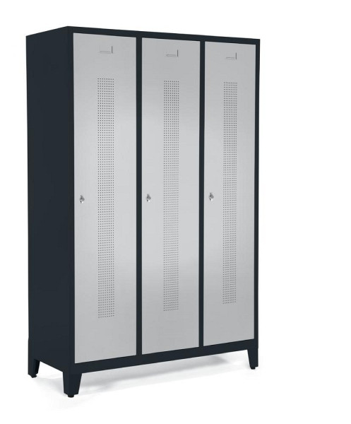 Deskin Garderobenspind mit Füßen, Alusilber RAL 9006, 870 x 500 x 1800 mm, 3 Abteile, Korpus: Anthrazit RAL 7021, 347077