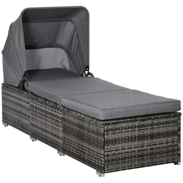 Outsunny Sonnenliege aus Polyrattan mit Sonnendach Gartenliege verstellbar Rattanliege Gartenmöbel Liege mit Kissen Grau 195 x 65 x 40 cm, 862-046