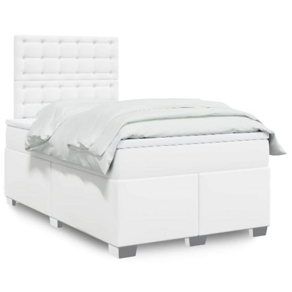 vidaXL Boxspringbett mit Matratze Weiß 120x200 cm Kunstleder, 3290717
