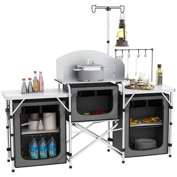 Outsunny Campingküche, klappbar, Windschutz, 3 Stofffächer, Aluminiumrahmen, 172x48x119cm, Grau/Silber, A20-381V00GY
