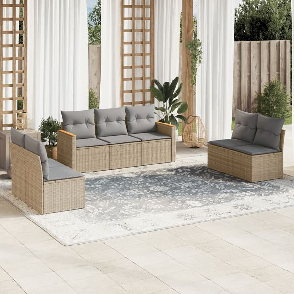 vidaXL 7-tlg. Garten-Sofagarnitur mit Kissen Beige Poly Rattan, 3225877