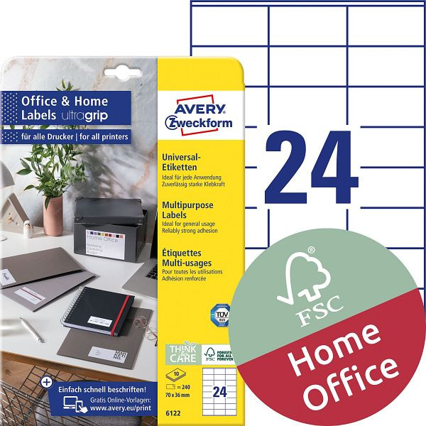 AVERY Zweckform 6122 Universal-Etiketten ultragrip, 70 x 36 mm, weiß, 240 Etiketten, permanent, 6122