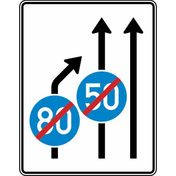 Stein HGS Einengungstafel ohne Gegenverkehr, Einzug links, noch 2 Streifen in Fahrtrichtung, Ende der Mindestgeschwindigkeit Nr. 535-21, RA2/Alform, ohne Entfernungsangabe, 1600x1250mm, 535-21-122
