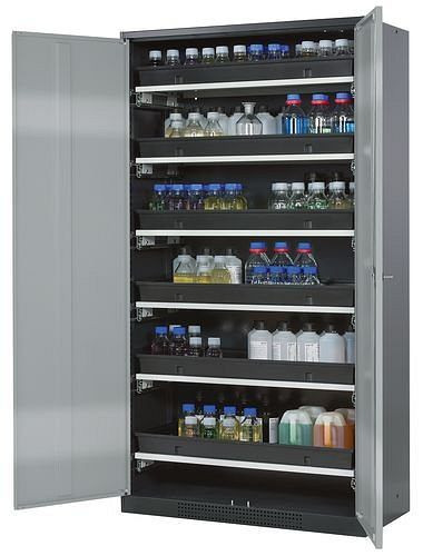 asecos Chemikalienschrank Systema-T CS-106, Korpus anthrazit, Flügeltüren silber, 6 Tablarauszüge, 209099