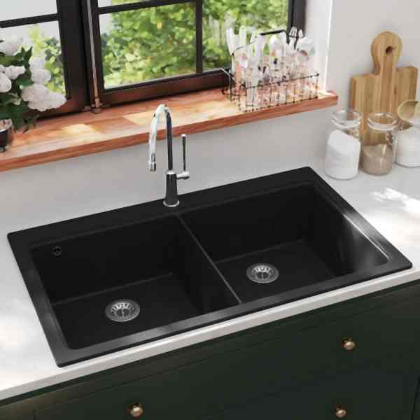 vidaXL Granitspüle Doppelbecken Schwarz, Schwarz, 141675