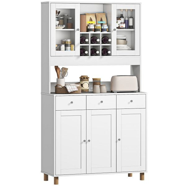 HOMCOM 180 cm Küchenschrank, 2 Glastüren, 3 Schubladen, 4 verstellbare Regale, Esszimmerschrank, Spanplatte, Weiß, 83A-397V90WT