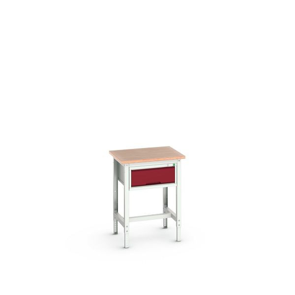 bott verso Werkbank (Multiplex-Platte) mit Querstrebenset und 1 Schublade, BxTxH: 700 x 600 x 780 - 930 mm, Lichtgrau / Purpurrot, 16921600.24