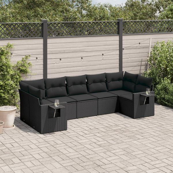 vidaXL 7-tlg. Garten-Sofagarnitur mit Kissen Schwarz Poly Rattan, 3252922