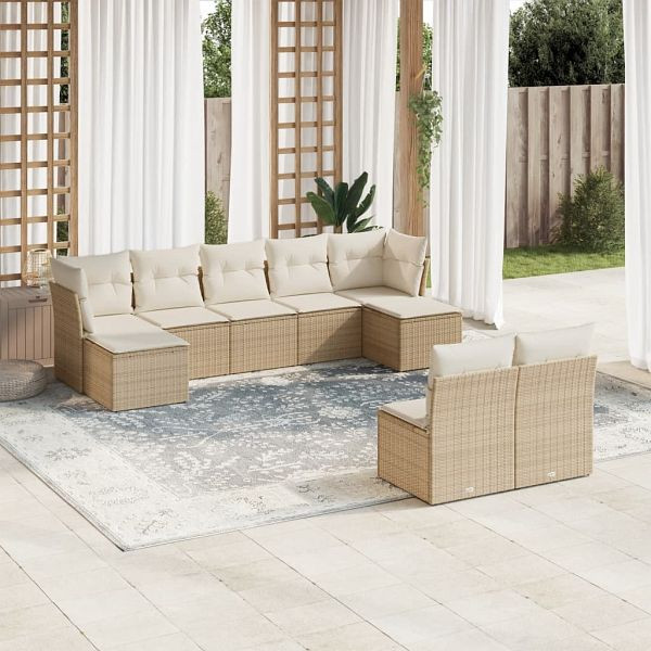 vidaXL 9-teilig Garten-Sofagarnitur mit Kissen Beige Poly Rattan, 3218268