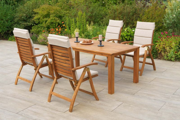Merxx Paraiba Set 9-teilig, 4 Paraiba Klappsessel, Rückenlehne 5-fach verstellbar, 4 Auflagen, beige, 1 Tisch, 185 x 90 cm, FSC Akazienholz, 50110-311