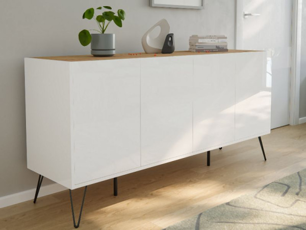 Posseik Sideboard Industrial H 155cm stehend 4 Türen Weiß/Eiche Top, PN2085X0000059DE