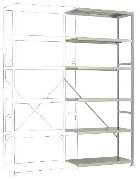 Manuflex Mittelschweres Fachboden-Steckregal Anbauregal mit 6 Stahlböden, HxBxT = 2500 x 1000 x 300 mm, alusilber, RP1417.9006